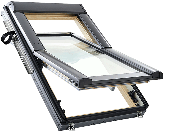 Halb geöffnetes Designo R6 Schwingfenster aus Holz